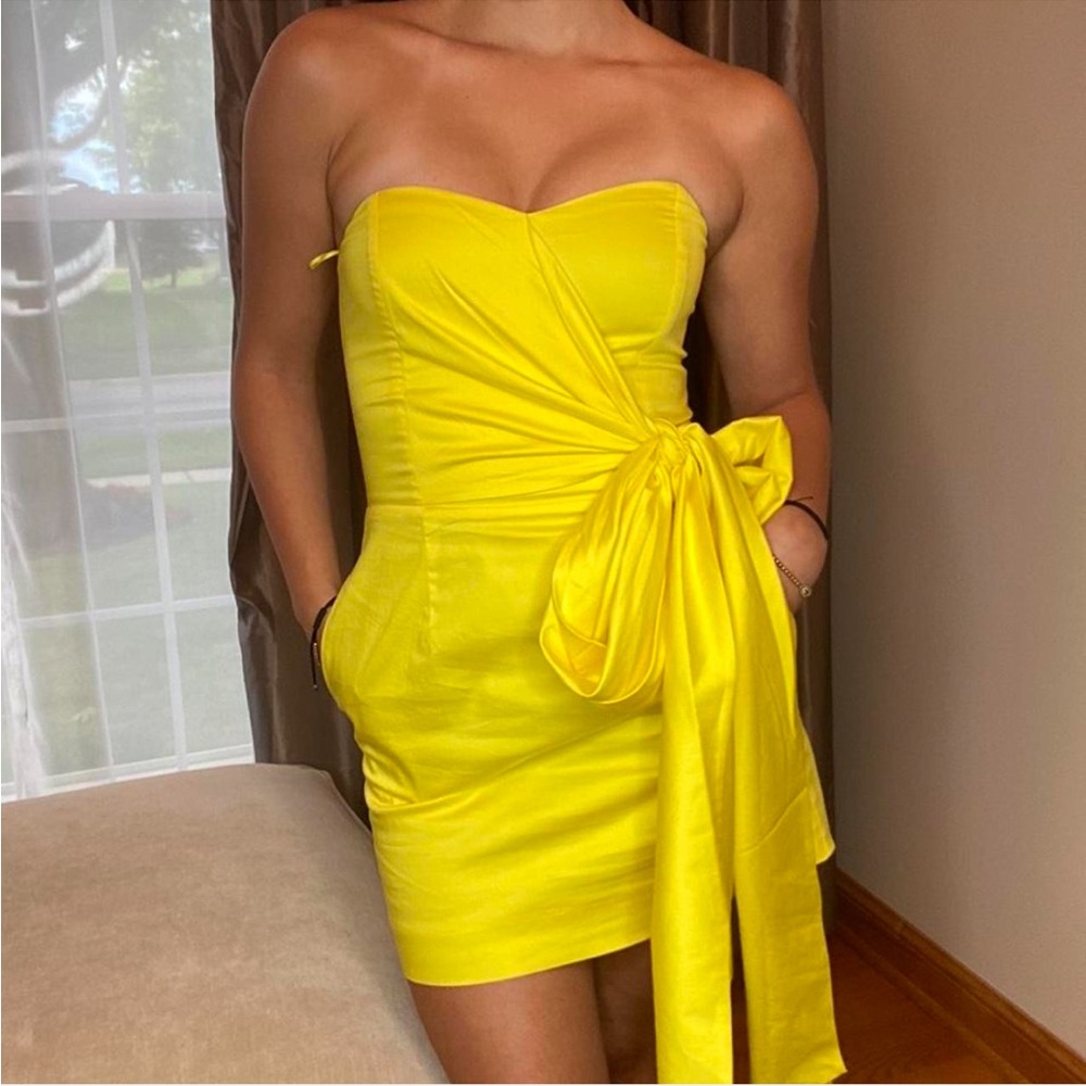 French Connection Yellow Strapless Mini Dress with Bow Detail | Size 2